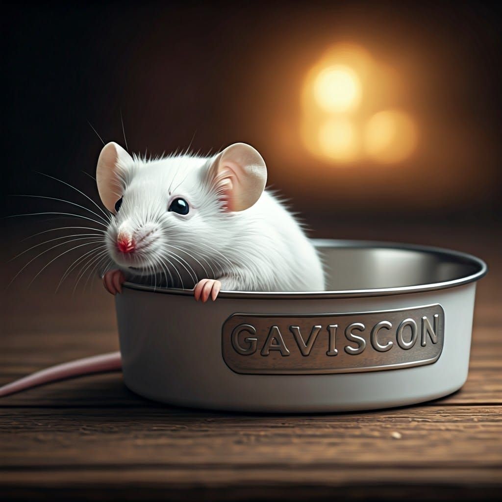 Mouse Sits Beside Gaviscon Bowl in Warm, Whimsical Lighting