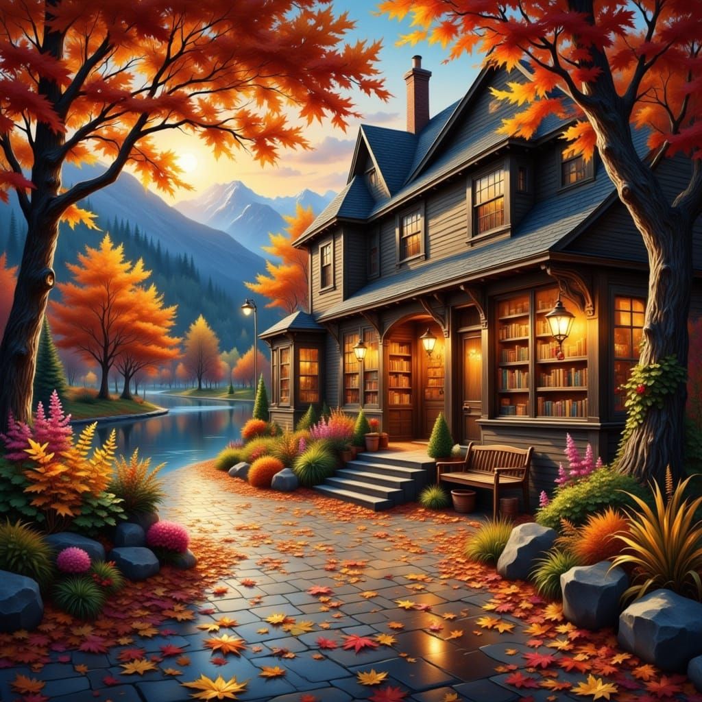 Whimsical Autumn Bookstore in a New England Village