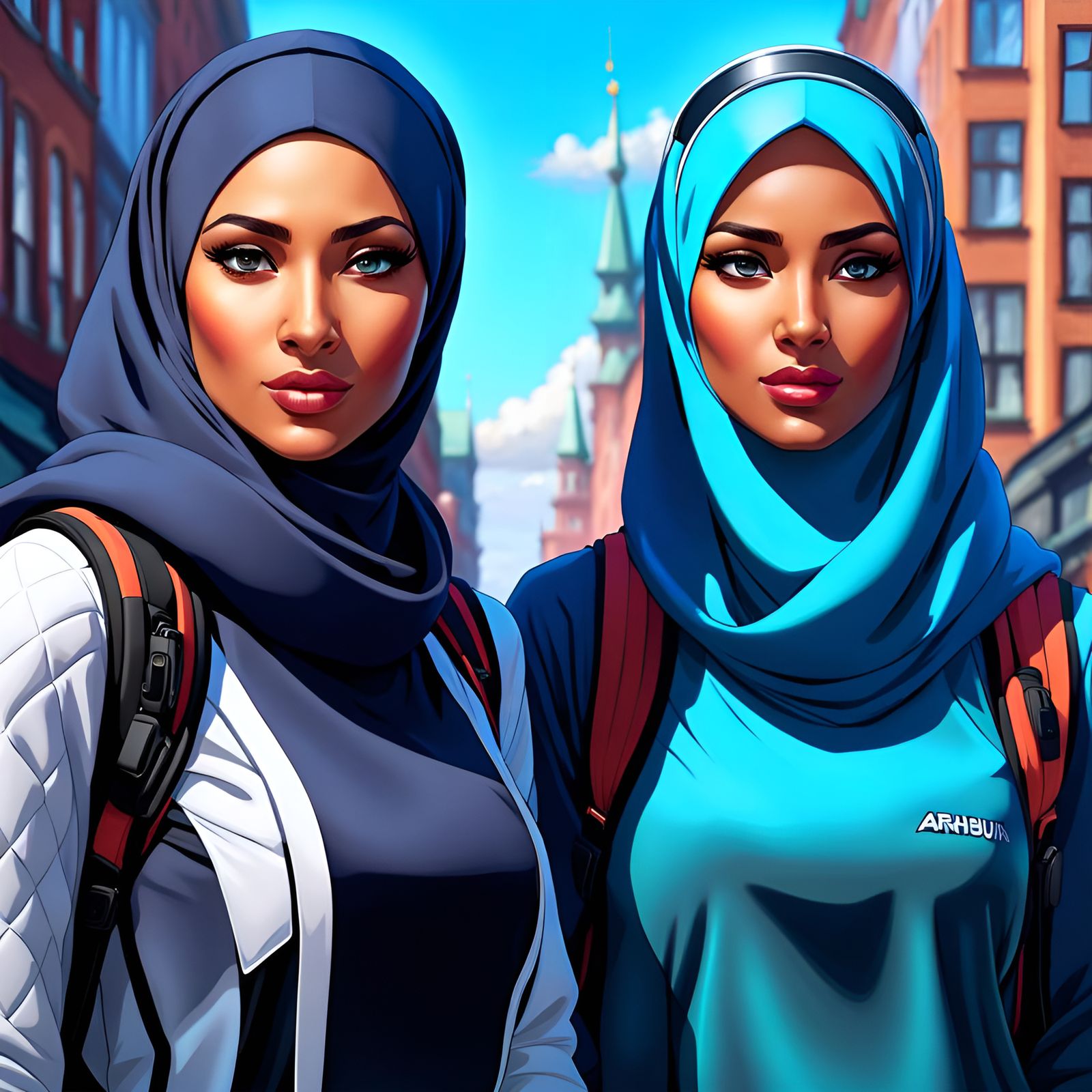 Hijabi Women Hiking in Hamburg: Digital Art Portrait