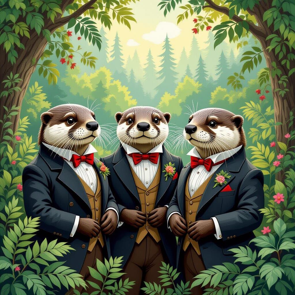 Otters in Formal Wear, Whimsical Illustration