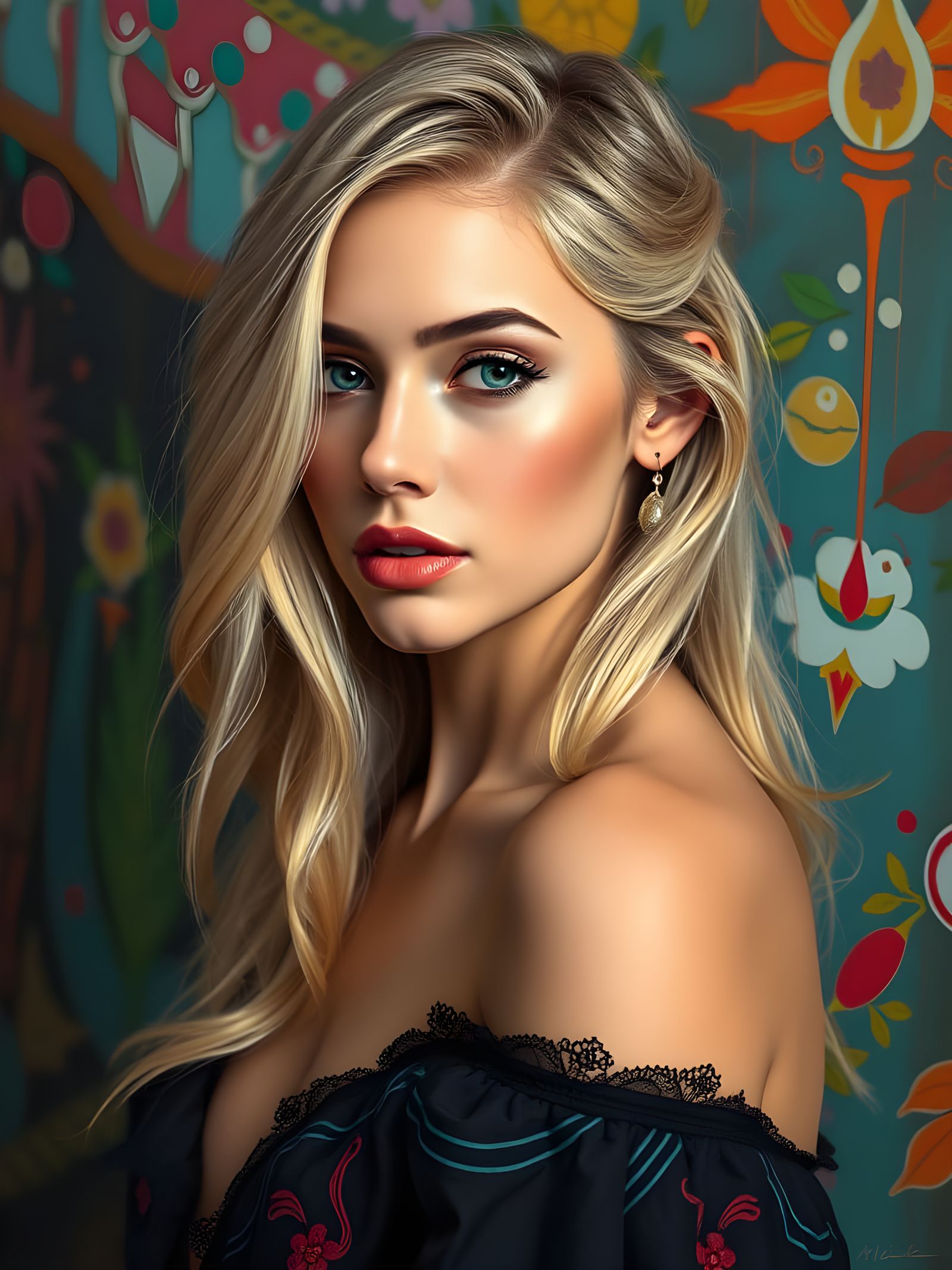 Hyperrealistic Oil Painting of a Young Blonde Woman in a Dra...