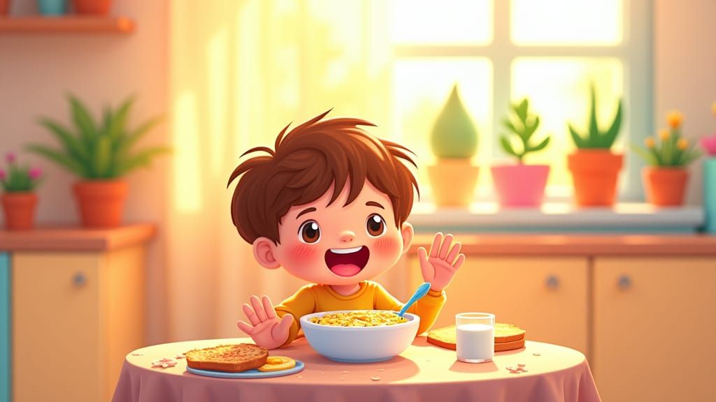 Cartoon Child's Sunny Breakfast in Pastel Colors