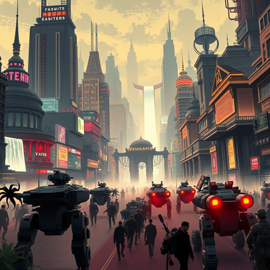 Cyberpunk Exoskeletons March Through Dystopian Cityscape