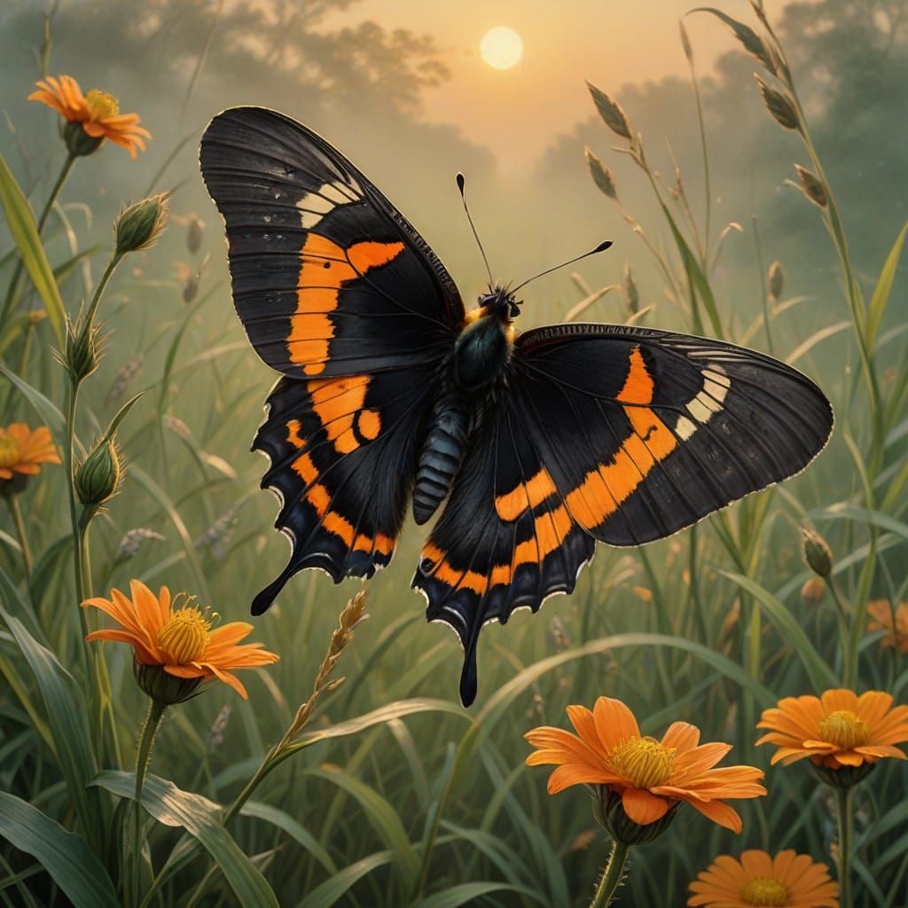 Ethereal Black Tiger Moth in Golden Sunrise Landscape