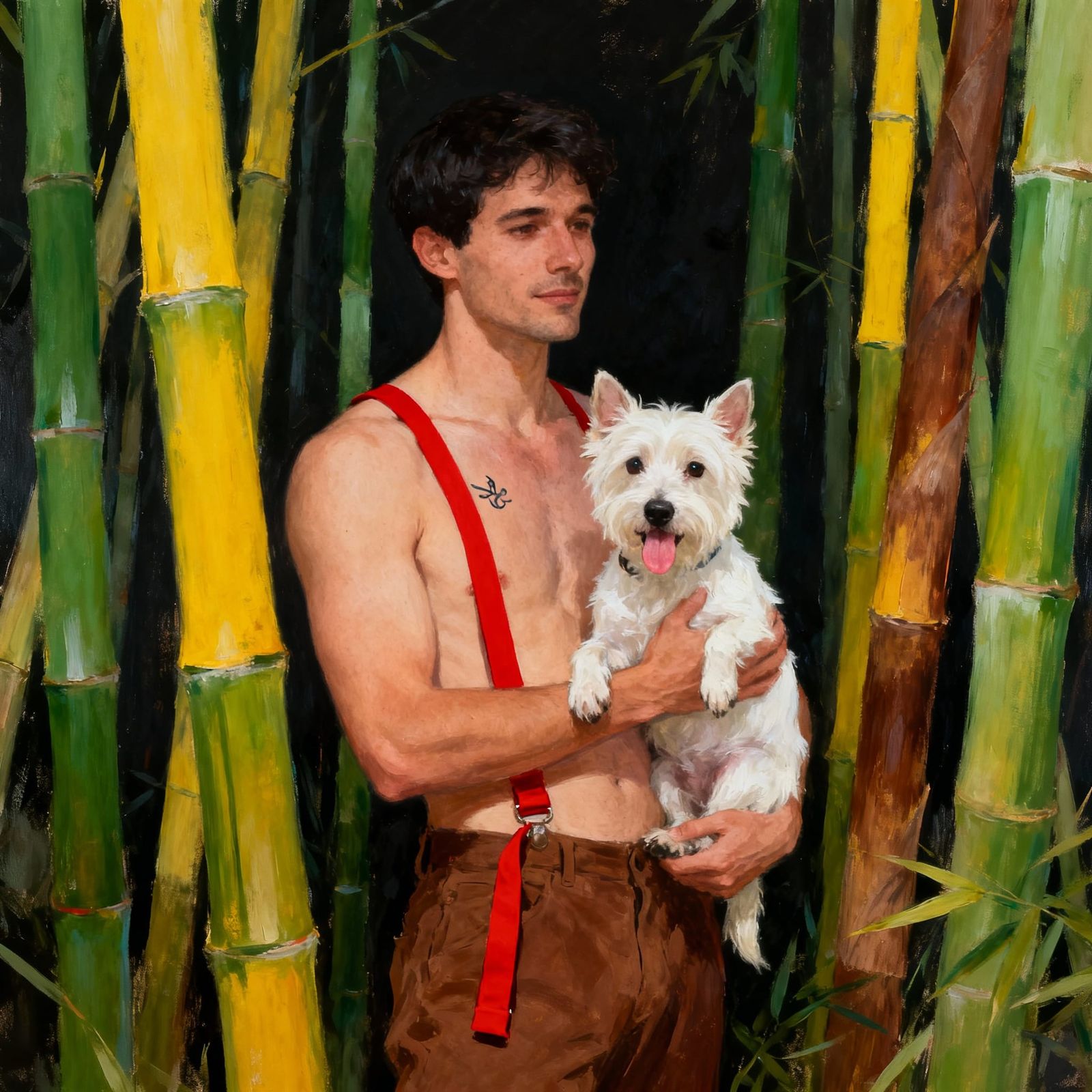 Man and Dog in Stylized Bamboo Forest