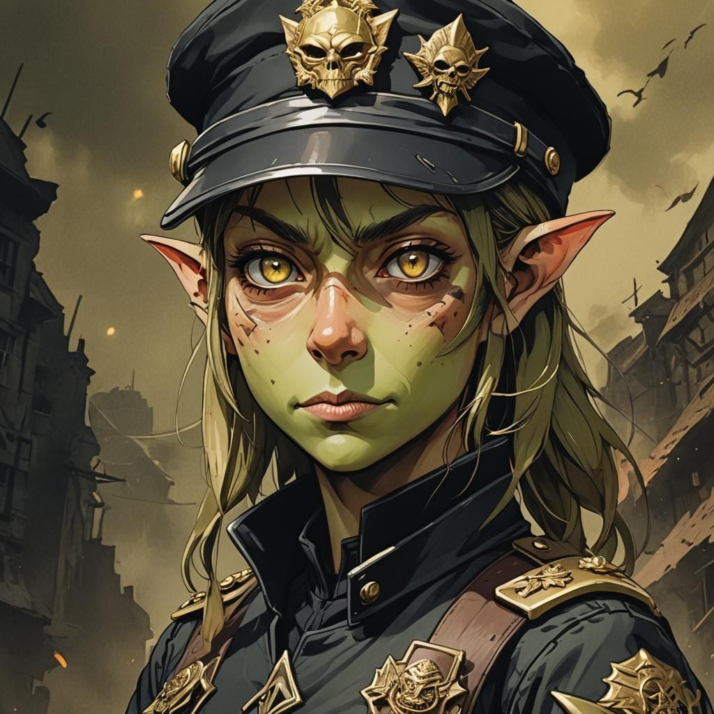 Female Goblin in Military Attire: Anime Portrait