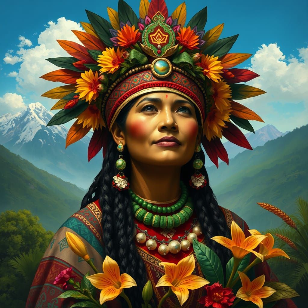 Pachamama Portrait in Earthy Tones and Andean Textiles