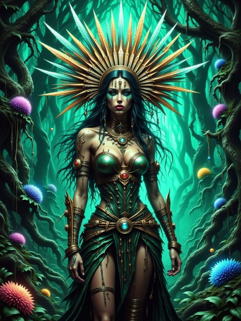 Regal Techno-Shaman Queen in Luminous Alien Forest