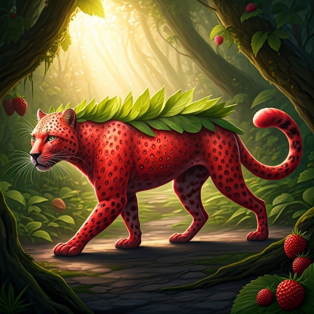 Fantasy Strawberry Leopard in a Lush Forest