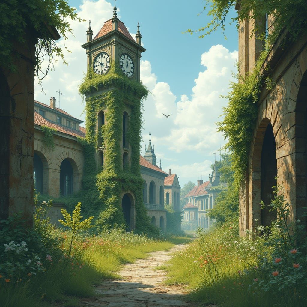 Moss-Covered Clock Tower Overgrown Cityscape
