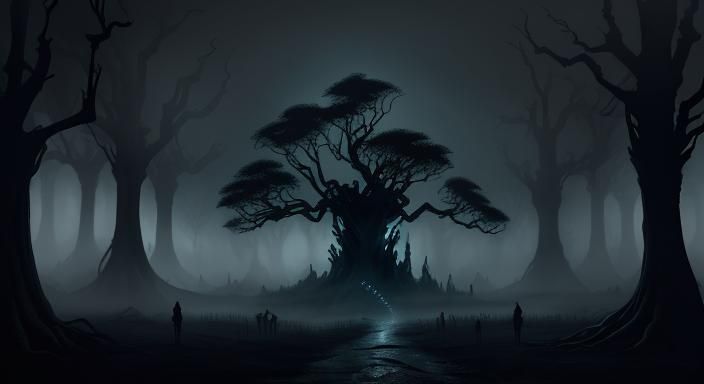 Eerie Gothic Procession of Spirits in Dystopian Street