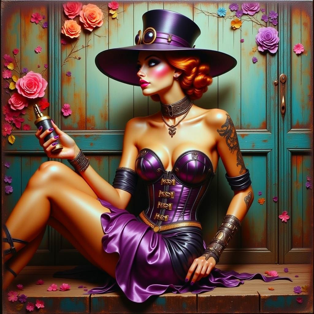 Steampunk Goth Beauty in Vintage Corset and Silk Top Hat