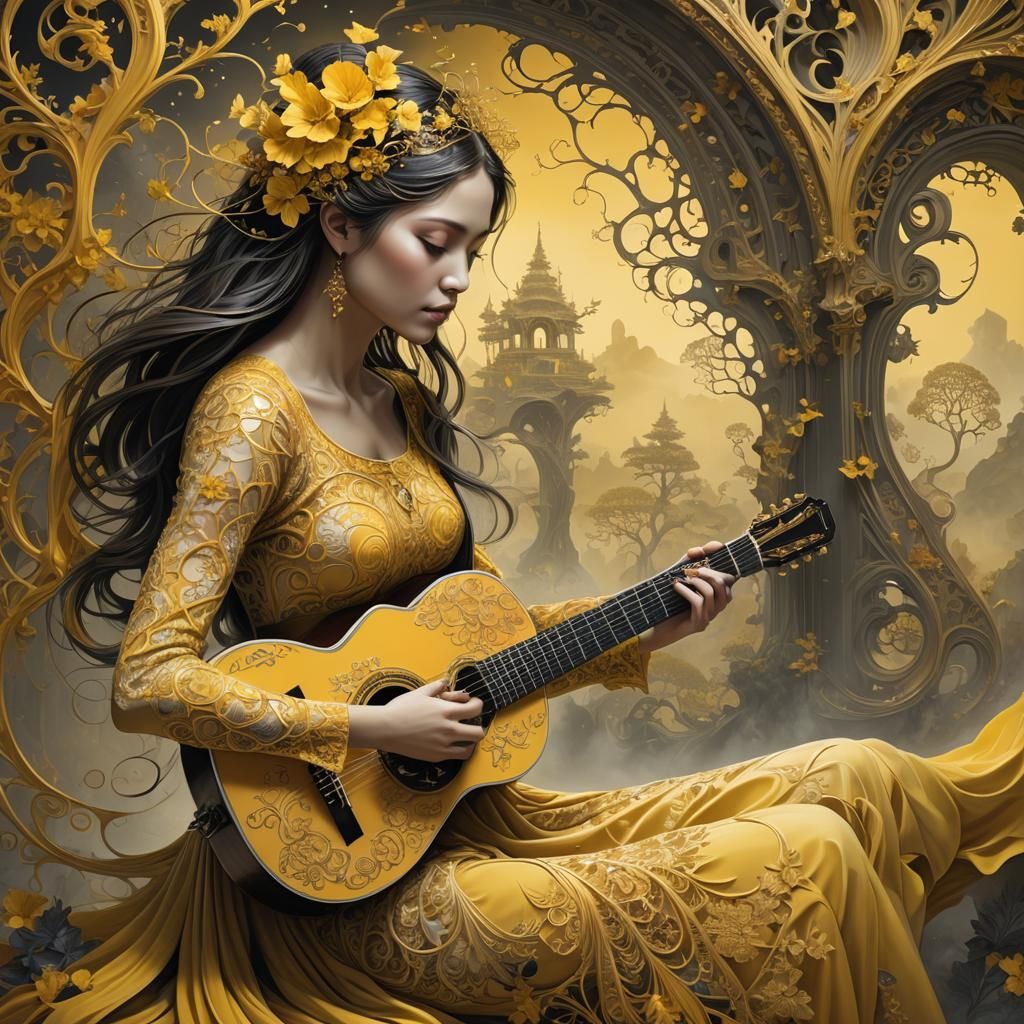 Girl Creating Filigree Fractal Art on Guitar