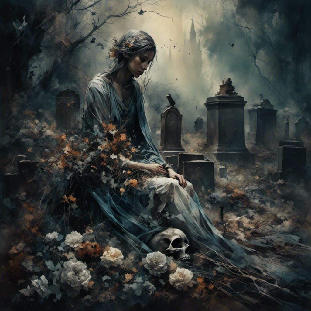 Grieving Mother at Graveyard with Spirits