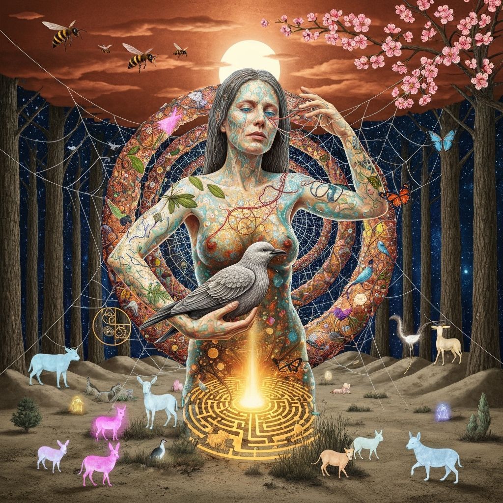 Shaman Sculptor Trapped in Bio-Art Spiral Under Copper Sky