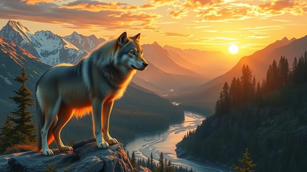 Regal Wolf in Sunrise Landscape, with Snow-Capped Mountains ...