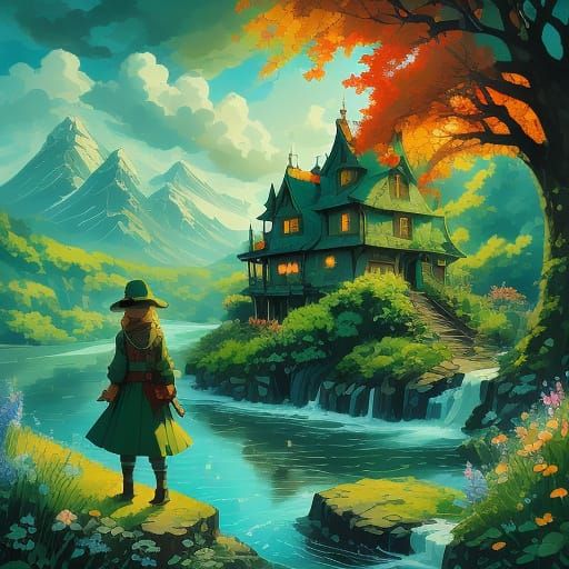 Watercolor Mountain Landscape with Waterfall and Flowers