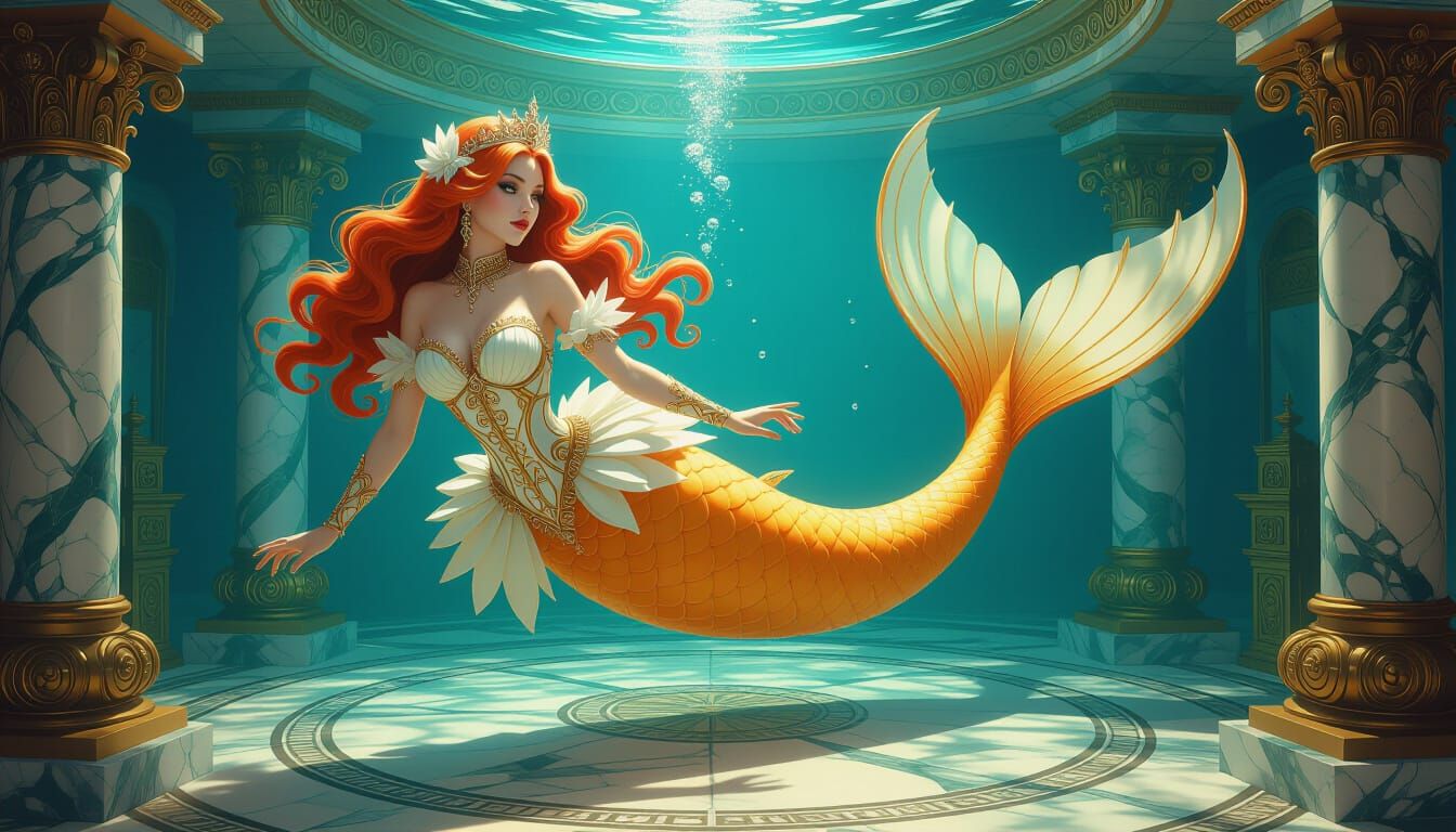 Steampunk Mermaid Queen with Mango Tail in Marble Chamber