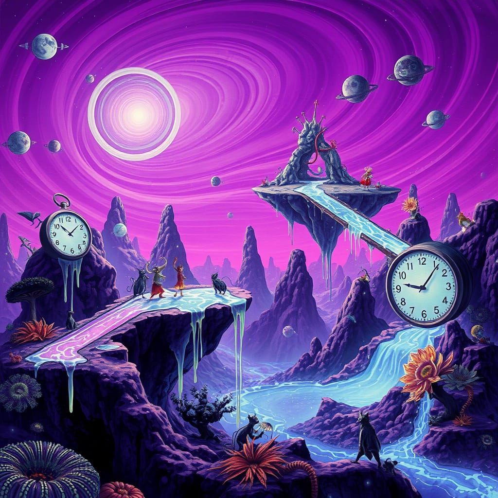 Alien Purple Landscape with Floating Islands and Surreal Ele...
