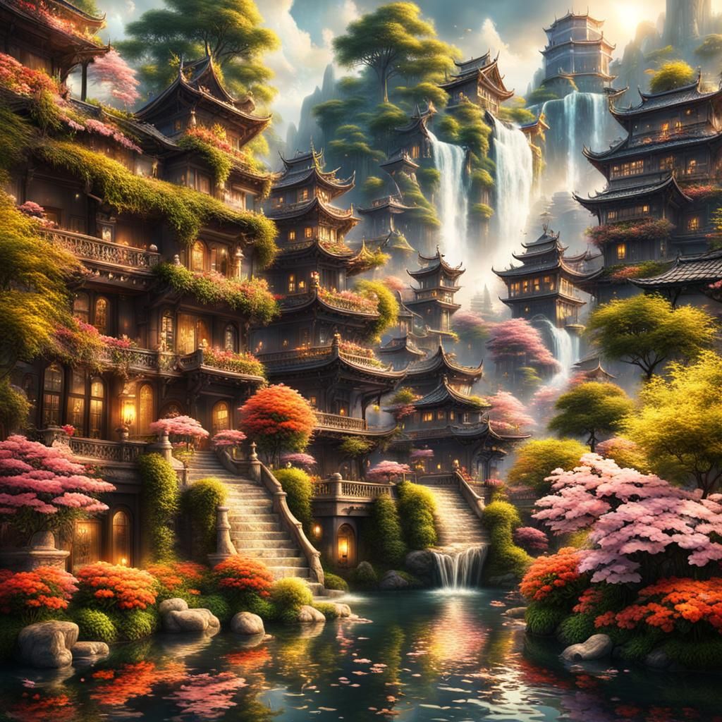 Fantastical Urban Landscape with Waterfalls and Koi Ponds