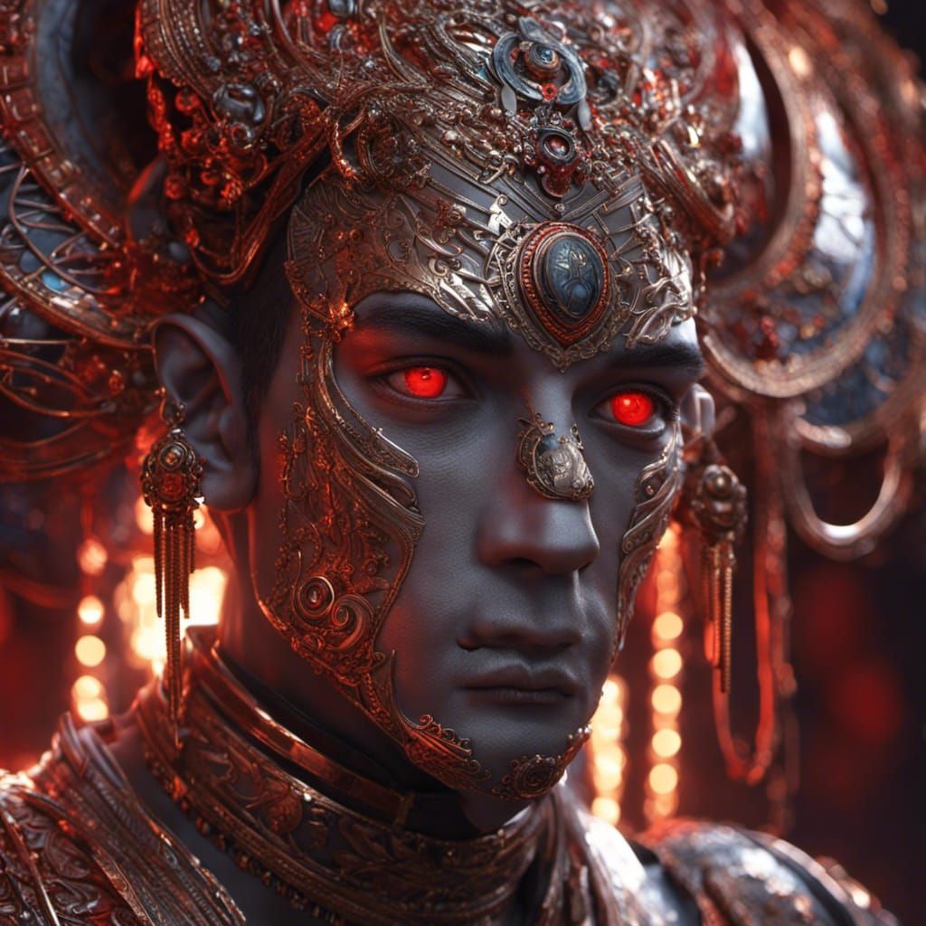Humanoid alien male, gleaming red eyes, jewel in forehead.