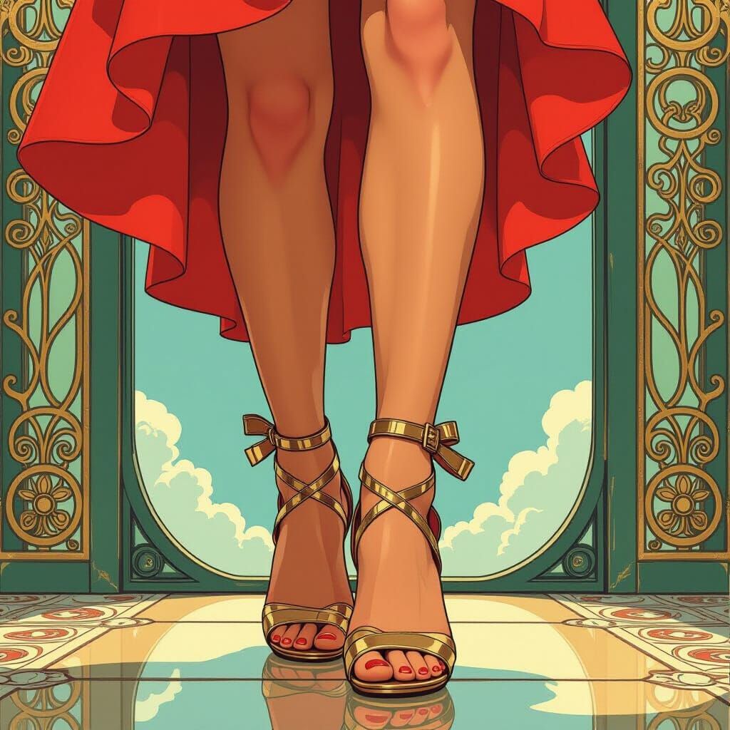 Woman in Strappy Sandals About to Step Down