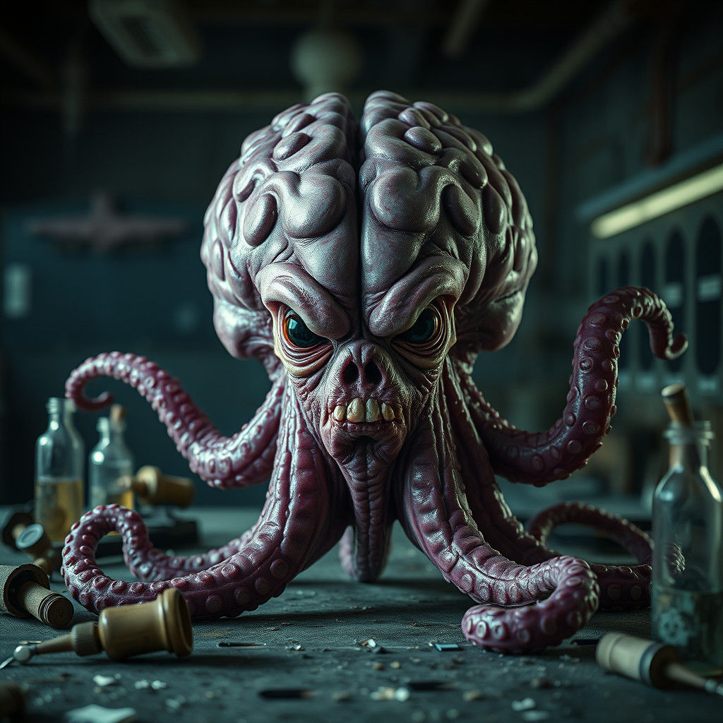 Grotesque Brain Octopus Hybrid in Abandoned Lab