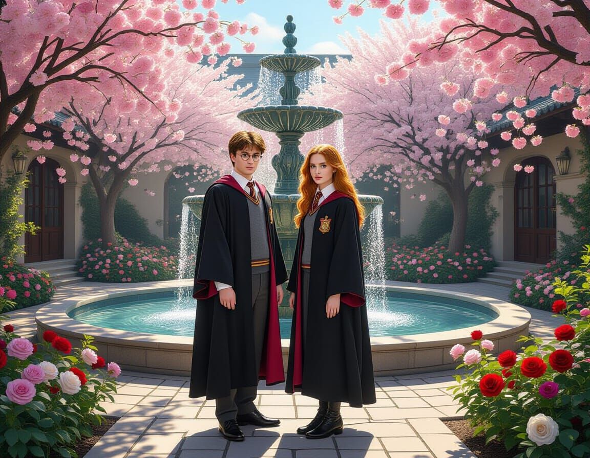 Harry Potter and Ginny in Cherry Blossom Garden