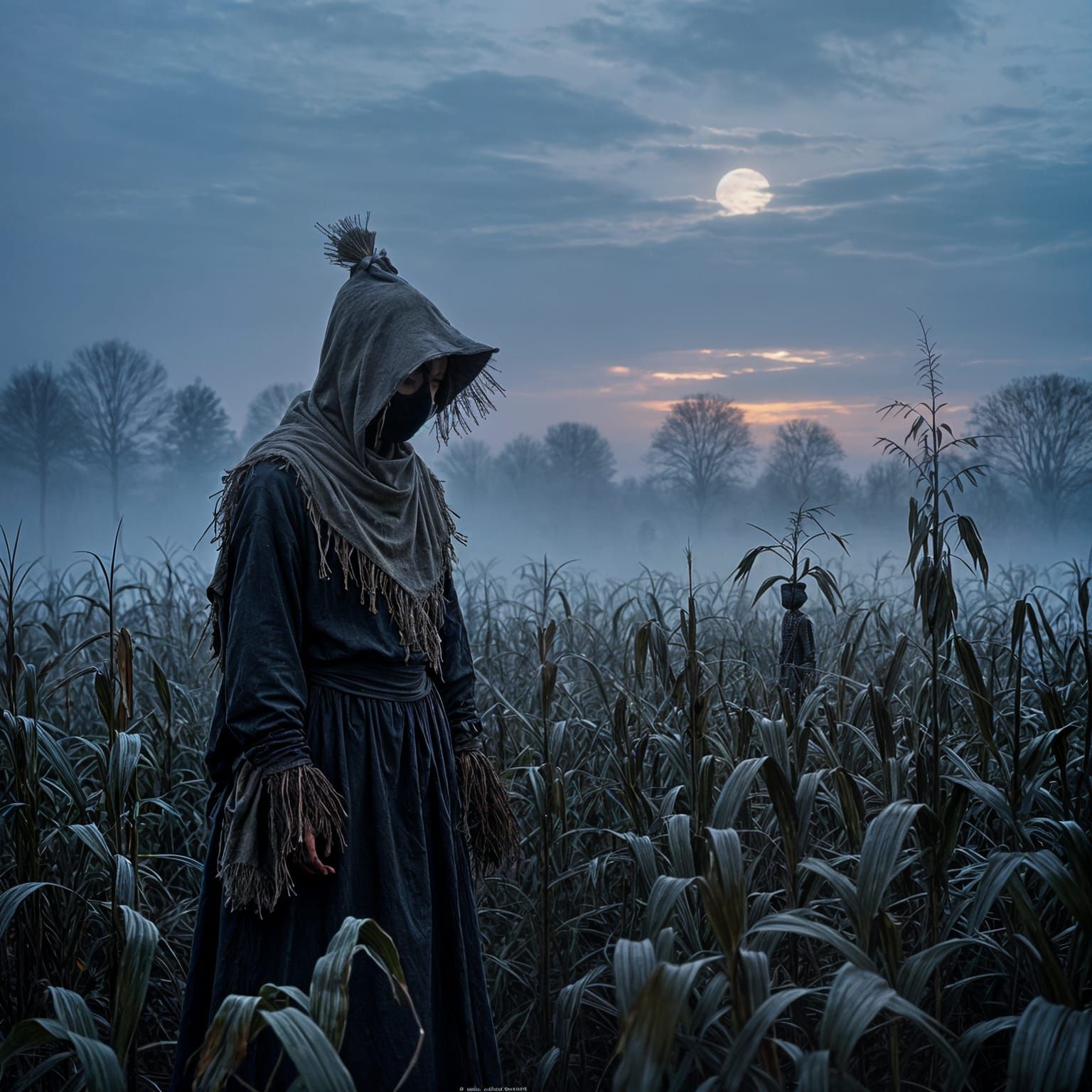 Lone Scarecrow in Foggy Cornfield at Twilight