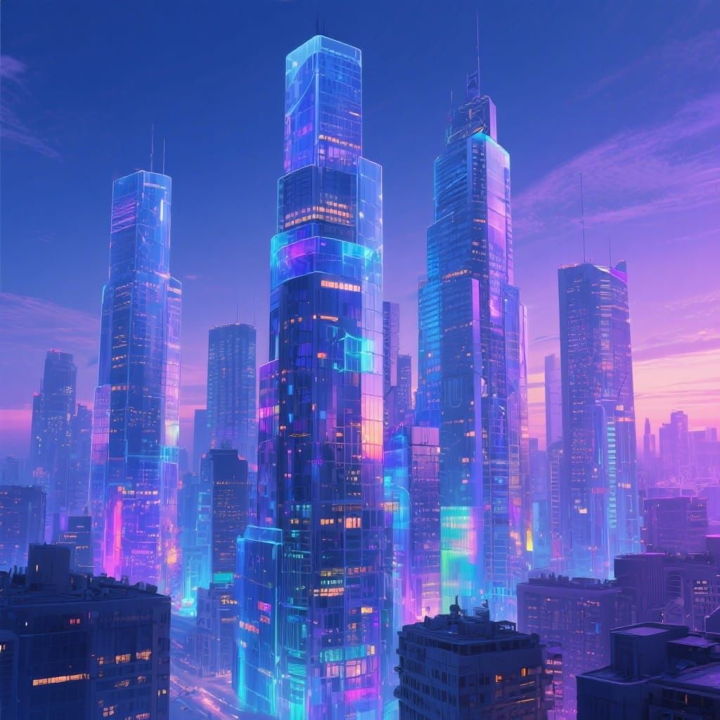 Translucent Skyscrapers Glow in Vibrant Cityscape at Dusk