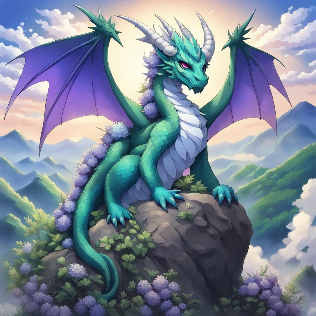 Dragon with Floral Garland at Sunrise, Anime Style