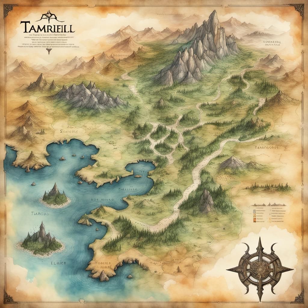 Detailed Hand-Drawn Map of Tamriel with Watercolor