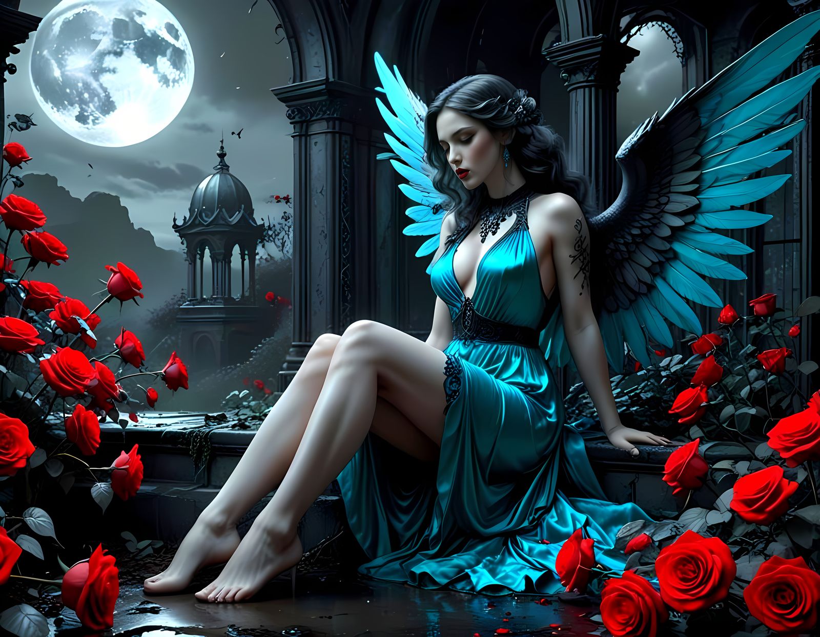 Turquoise-Winged Fallen Angel in Graphite Pencil Style