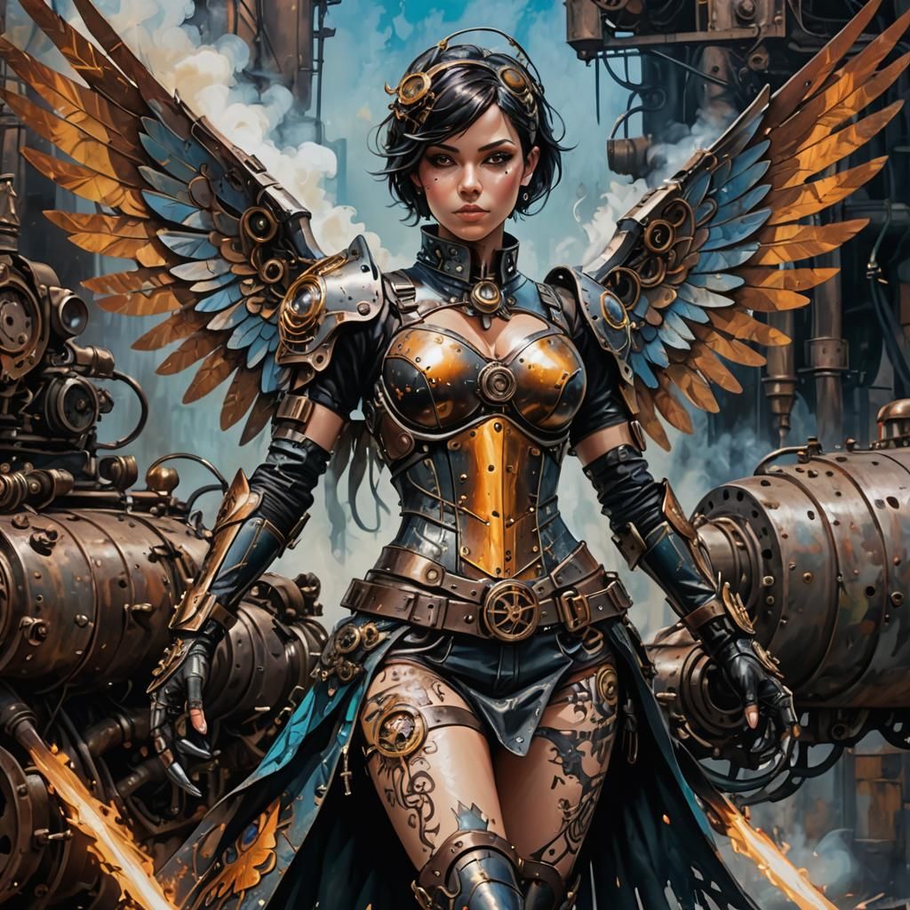 Steampunk Angel with Rusted Wings in Graffiti Art Style