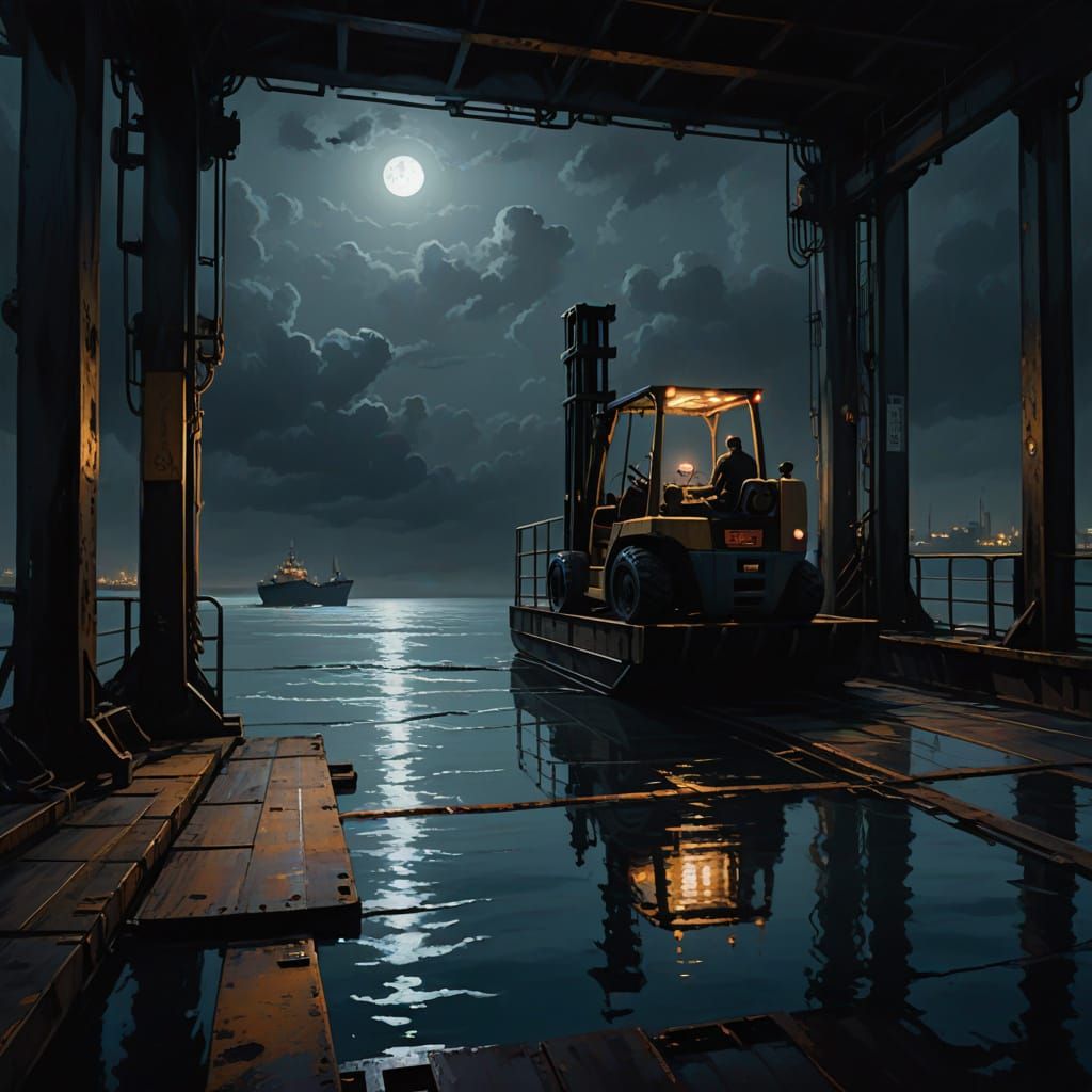 Forklift in Ominous Moonlit Abandonment