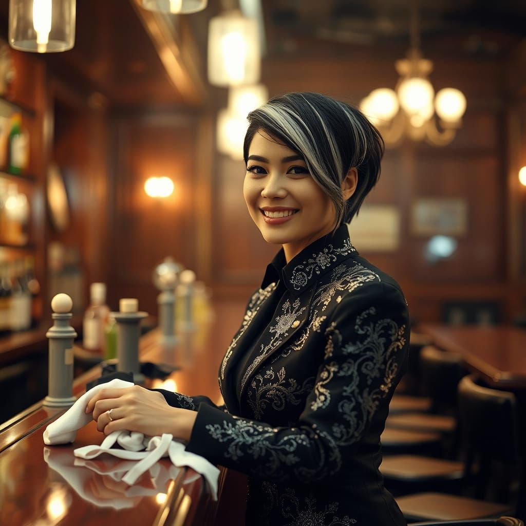 Woman Behind the Bar in Cinematic Film Still Style