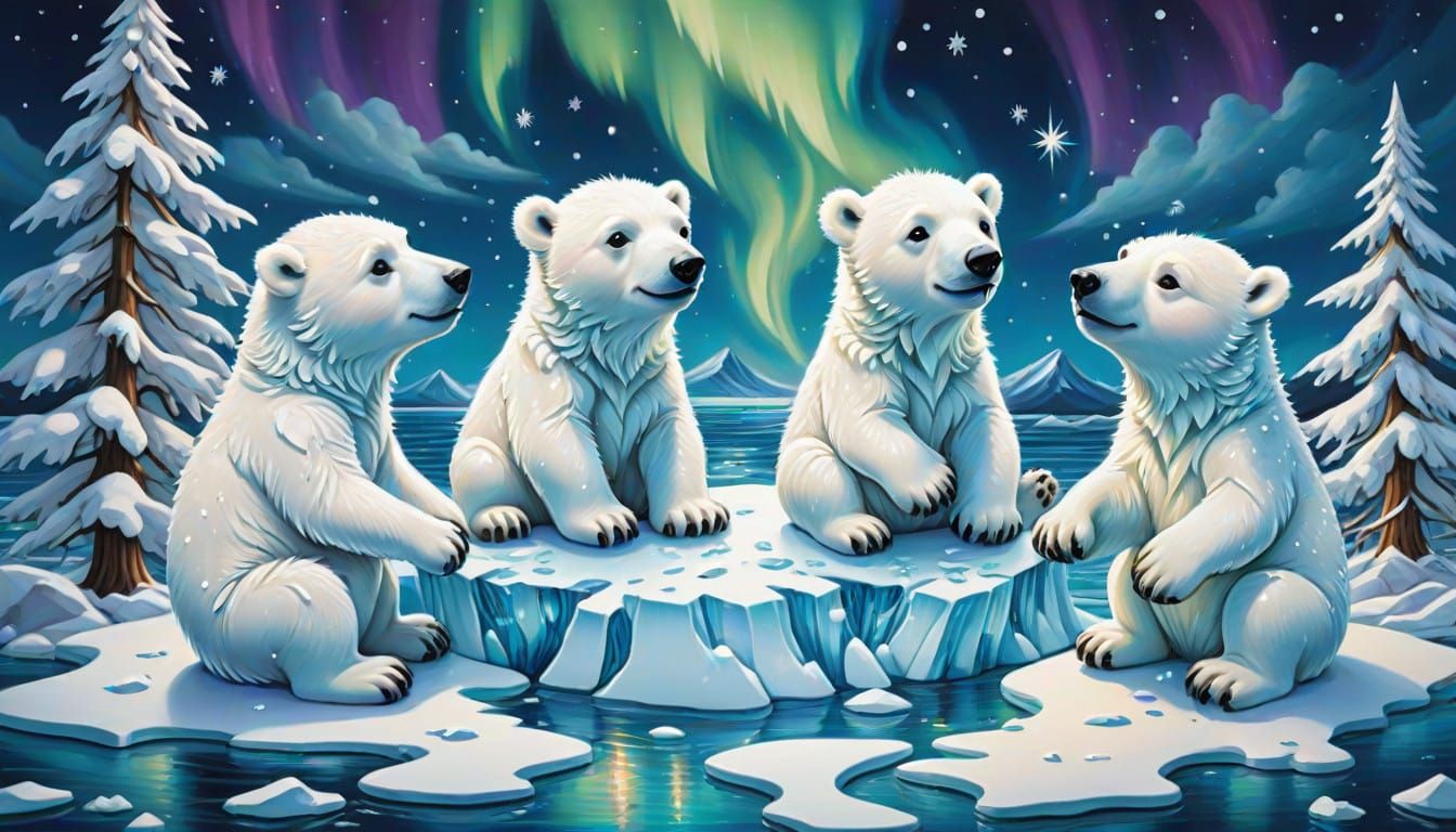 Adorable Polar Bear Cubs Playing with Christmas Tree in Magi...