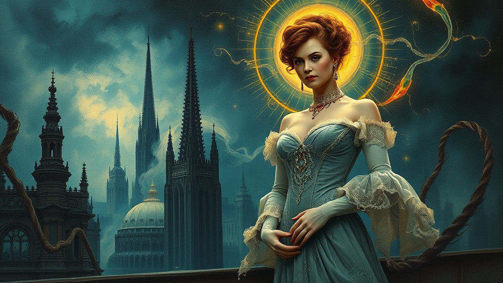 Eerie Victorian Woman Radiating Fluorescent Light as Impasto...