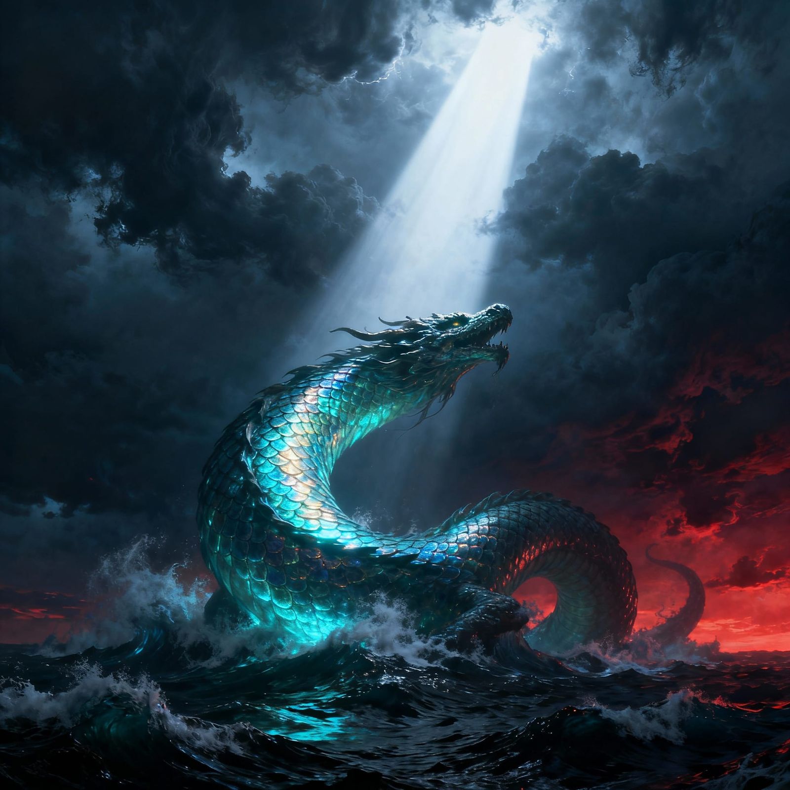 Colossal Sea Monster Emerges Under Divine Sky Light