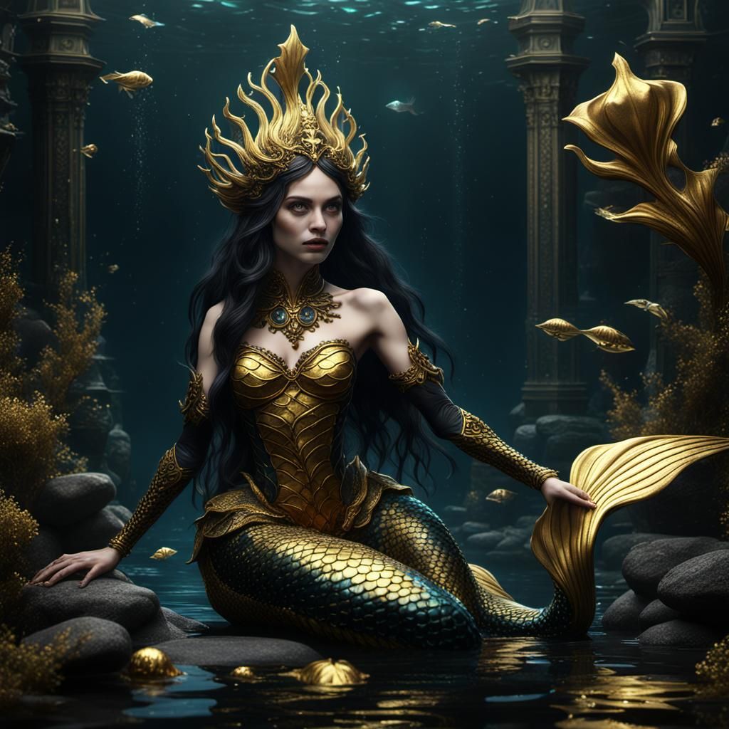 Gothic Mermaid in Black and Gold