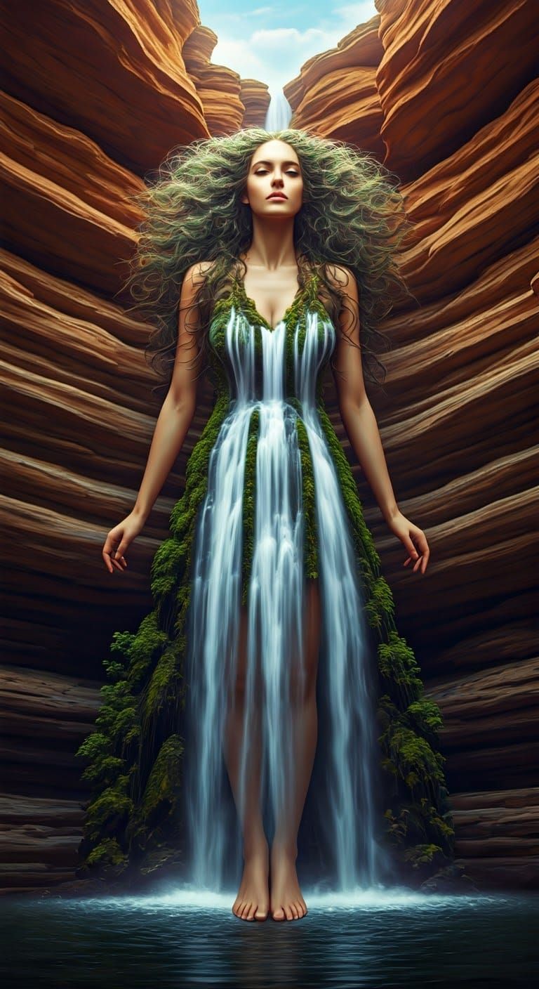 Waterfall Woman Stone Sculpture on Cliff Backdrop