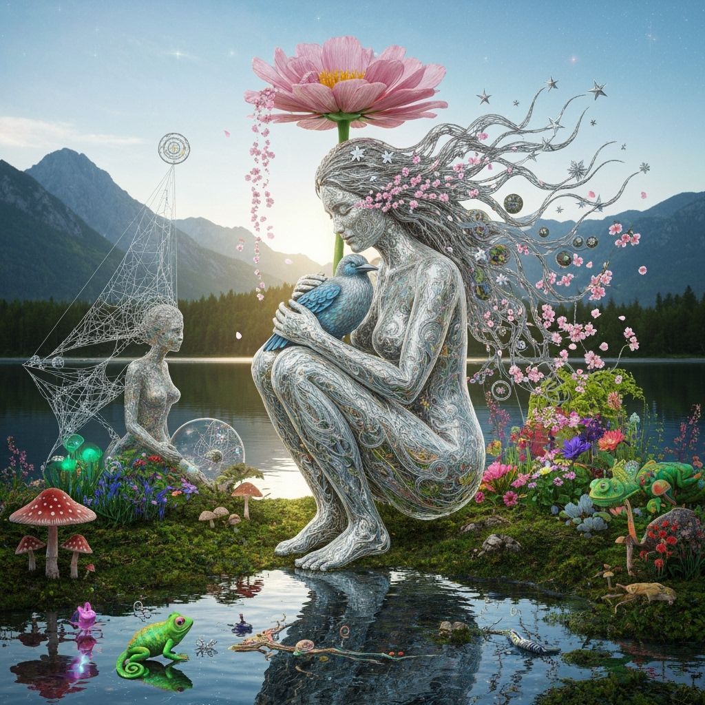 Surreal Bioluminescent Sculpture of Woman Entwined with Star...