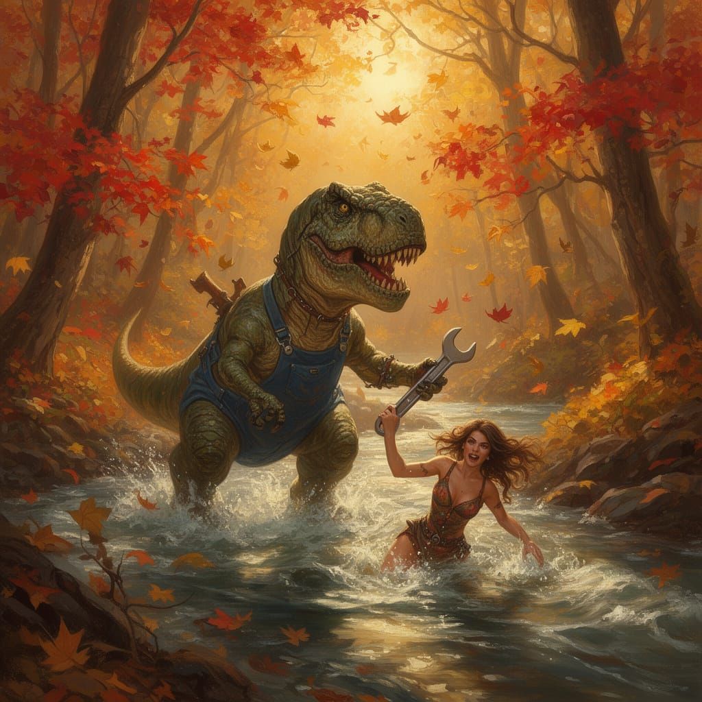 Mechanic T. Rex Rescues Woman in Autumn Forest