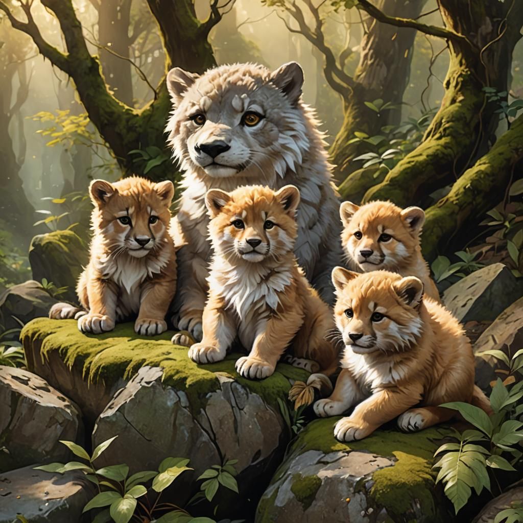 Fantasy Cubs on Mossy Rock in Golden Light