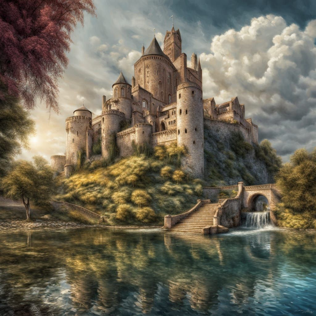 Ethereal Water Castle in Hyperrealistic Detail