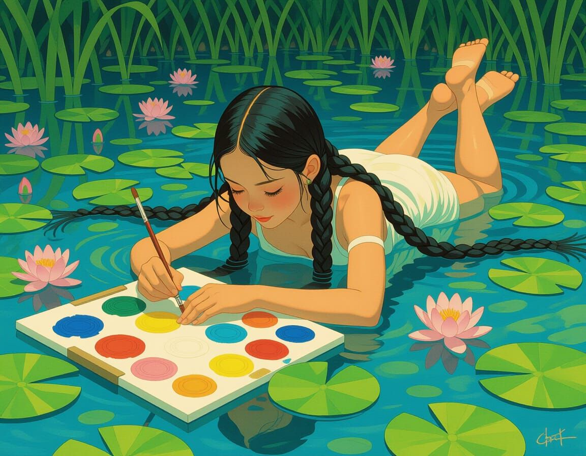 Girl Painting on Canvas in Water: Digital Illustration