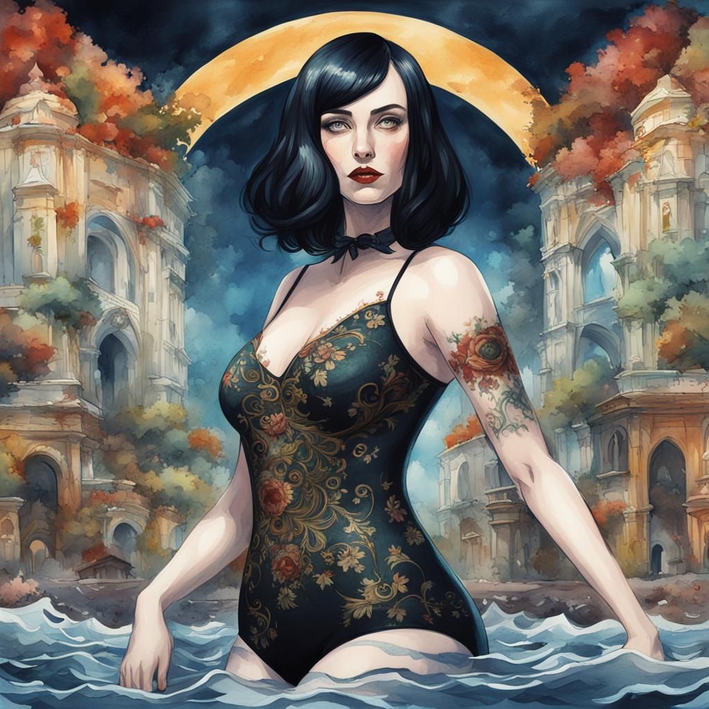 Gothic Woman in Watercolour, Classical Illustration