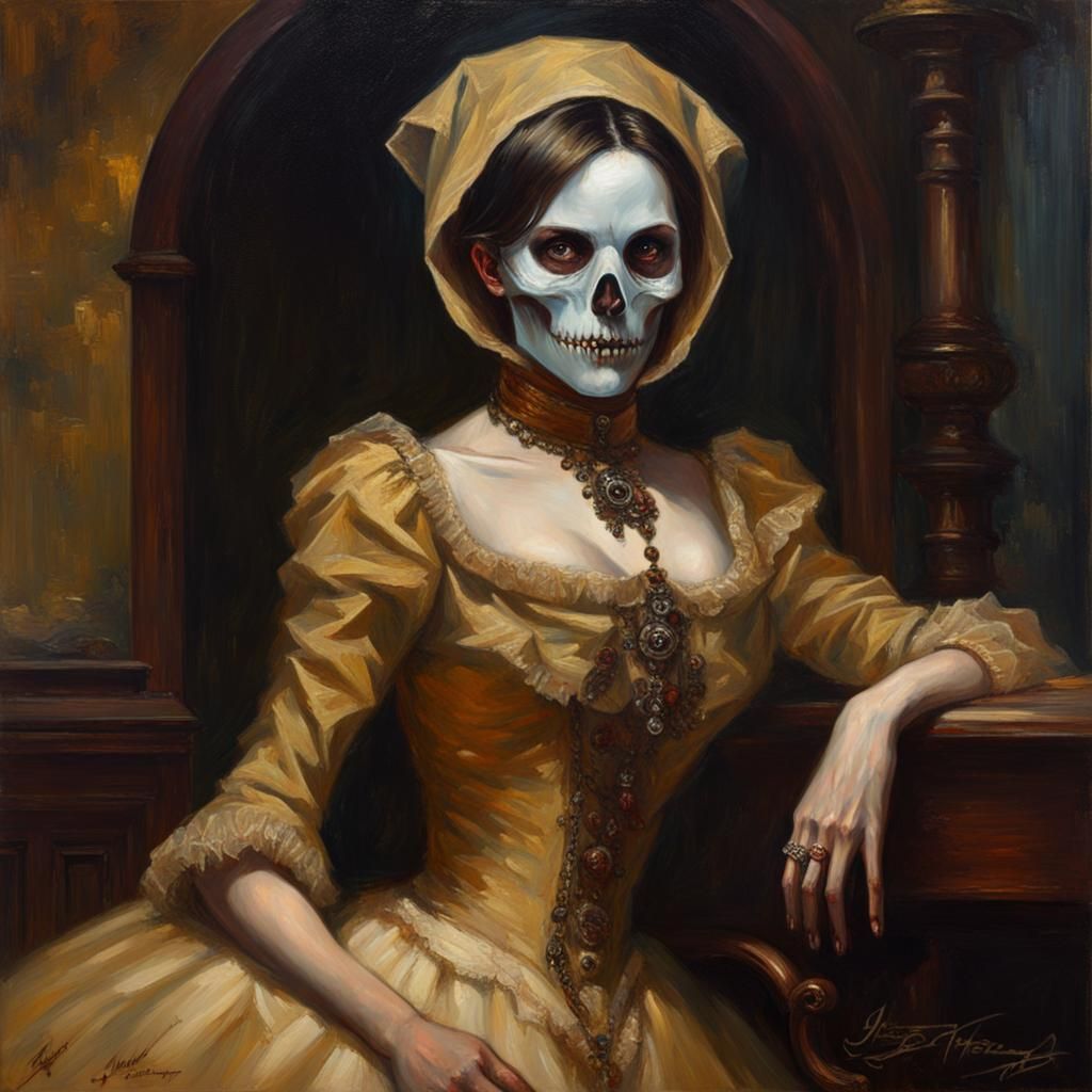 Victorian Vampire Assassin in Gold Dress, Oil Painting