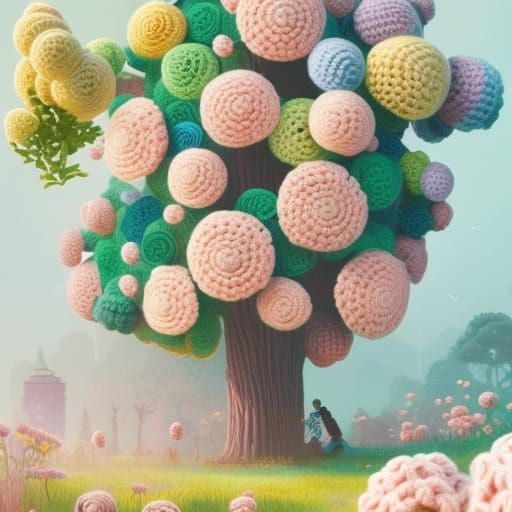 Crochet Oak Tree with Knitted Flowers Digital Painting