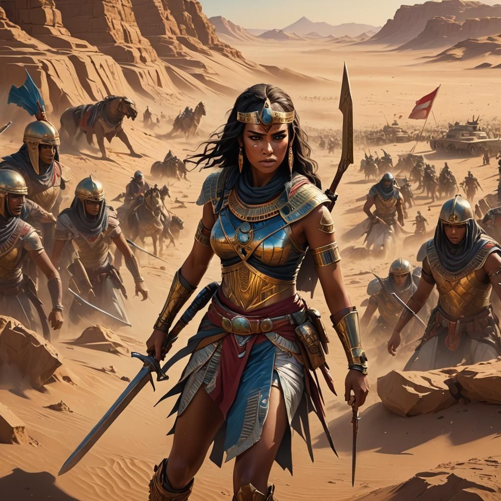 Egyptian Warrior Girl Faces Army in Open Desert
